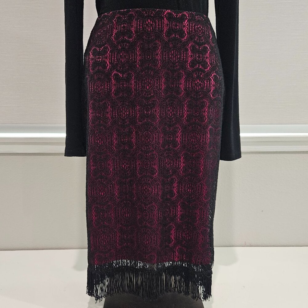 Vtg, Black/Pink Lace Overlay Wiggle Pencil Skirt, Fringe Hemmed,Elastic Waist,L